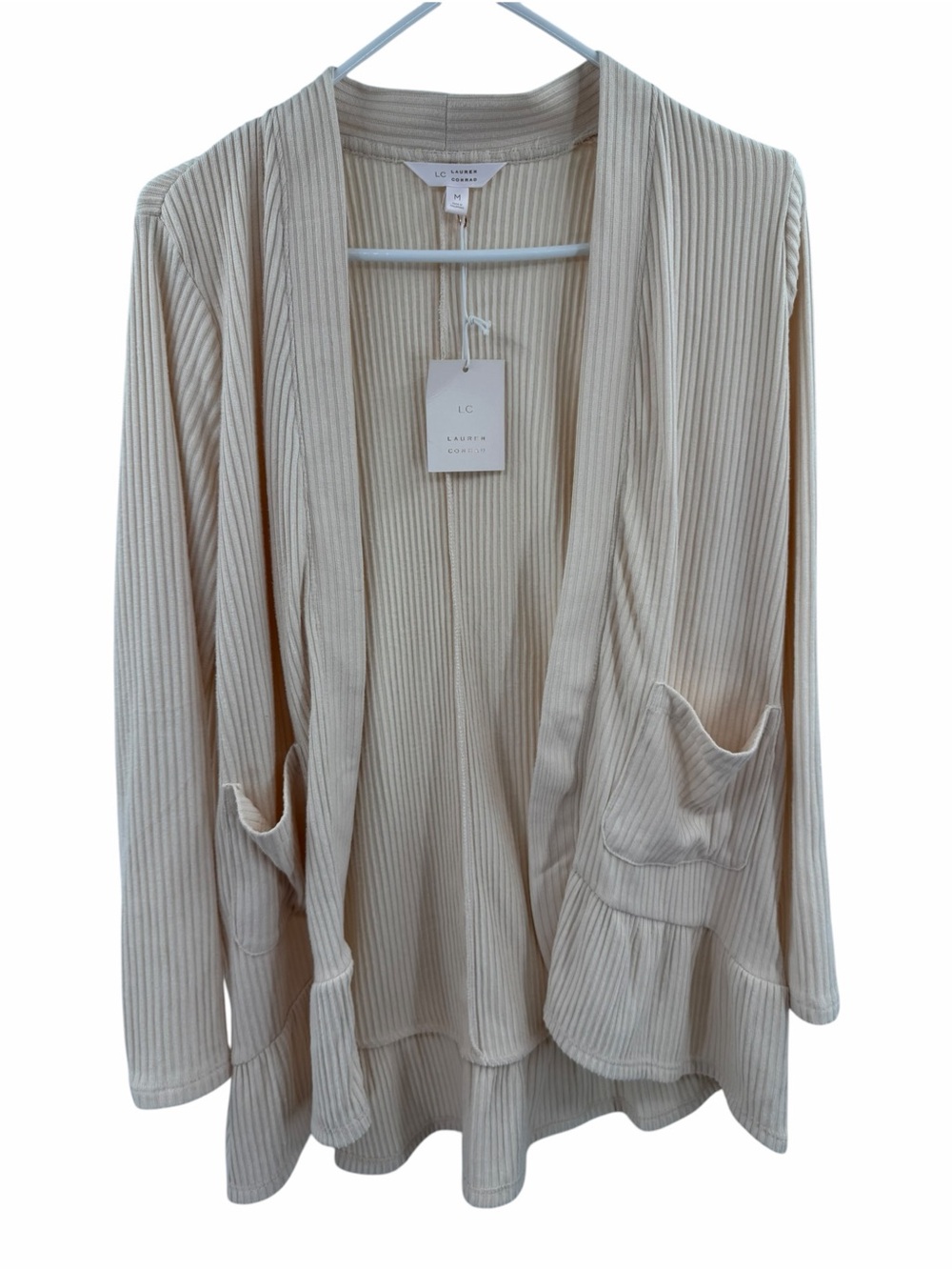LC Lauren Conrad Light Cream Ribbed Open-Front Cardigan Pockets Size Medium New